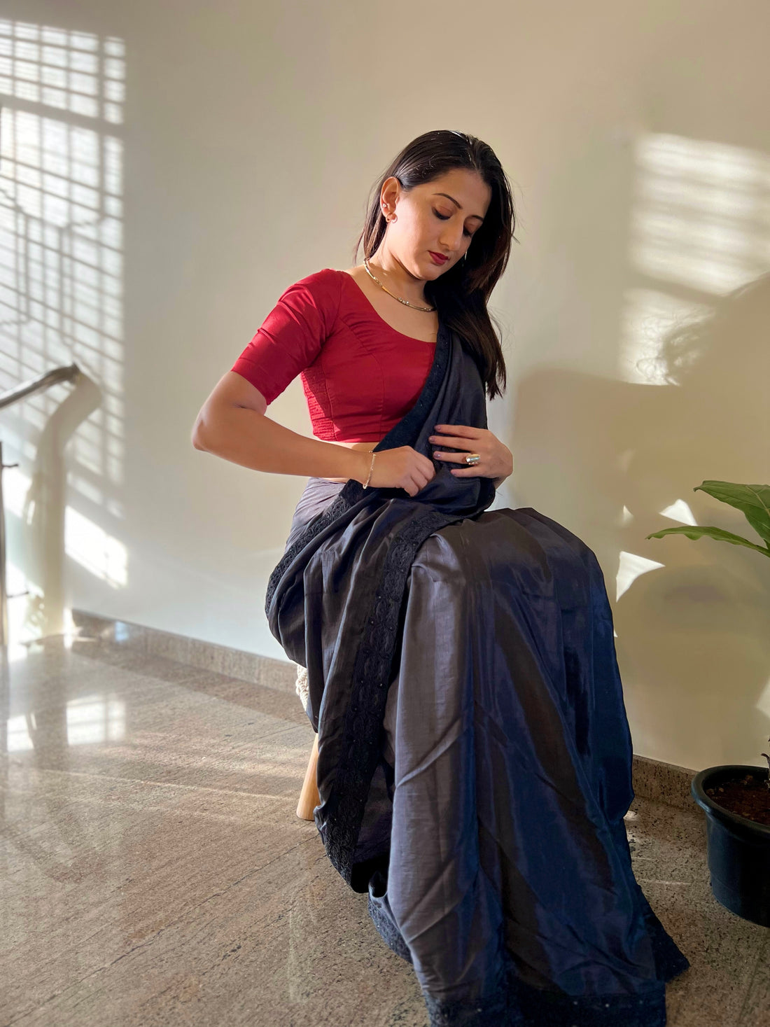 Anisha x Rozaana Saree Blouse, in Red Vegan Silk, featuring elbow sleeves and round neckline, made for daily & work (view 7).