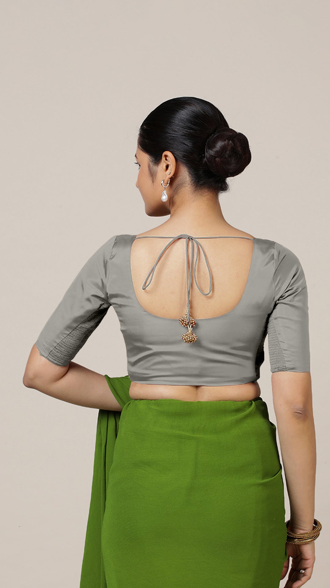 Anisha x Rozaana Saree Blouse, in Grey Vegan Silk, featuring elbow sleeves and round neckline, made for daily & work (view 2).