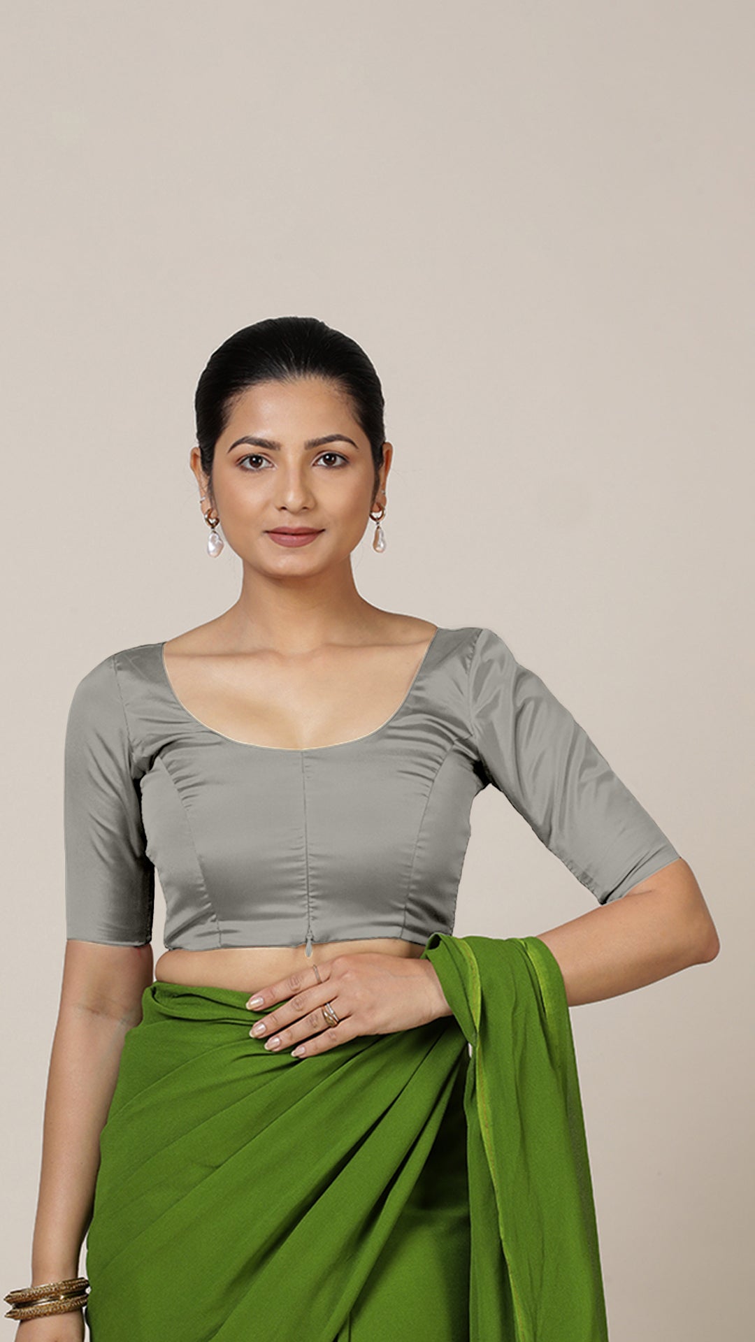 Anisha x Rozaana Saree Blouse, in Grey Vegan Silk, featuring elbow sleeves and round neckline, made for daily & work (view 6).