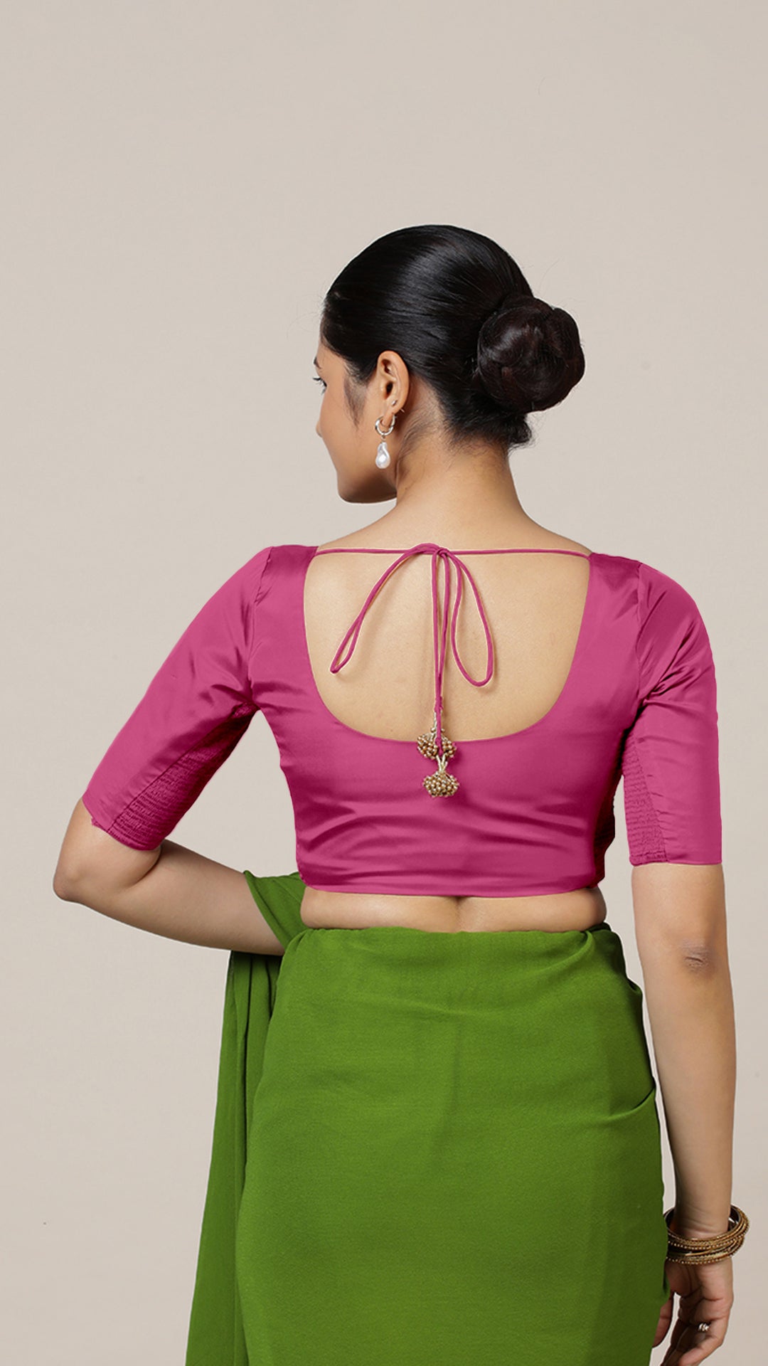Anisha x Rozaana Saree Blouse, in Pink Artificial Silk, featuring elbow sleeves and round neckline, made for party & festive.