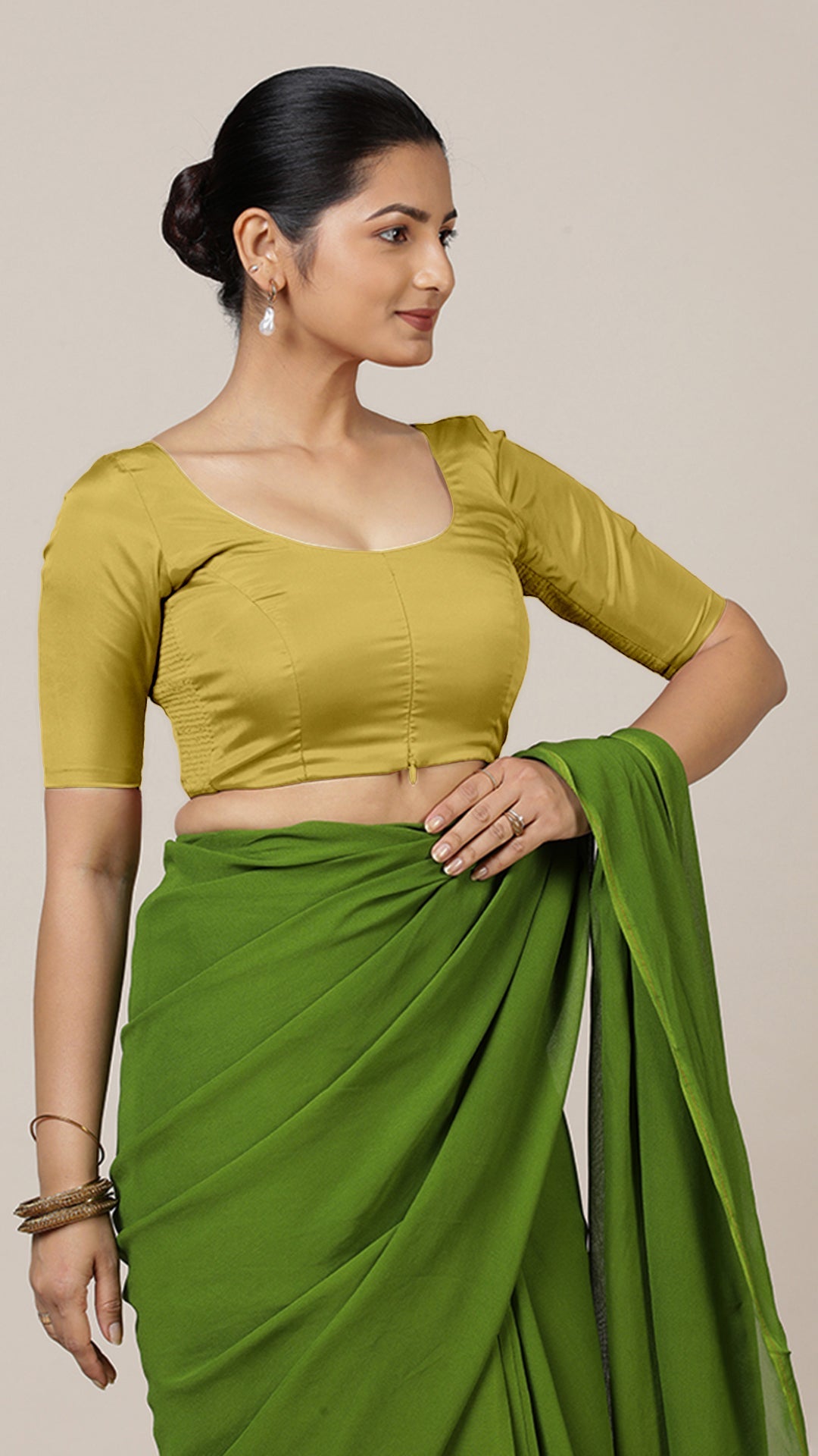 Anisha x Rozaana Saree Blouse, in Yellow Vegan Silk, featuring elbow sleeves and round neckline, made for daily & work.