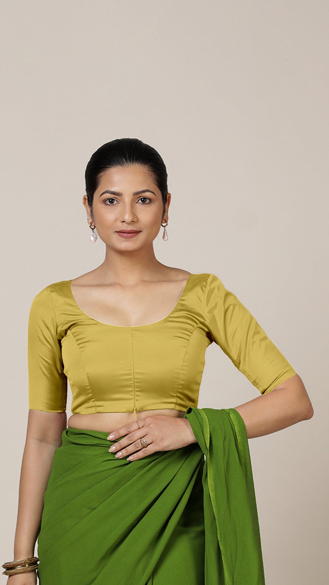 Anisha x Rozaana Saree Blouse, in Yellow Vegan Silk, featuring elbow sleeves and round neckline, made for daily & work (view 6).