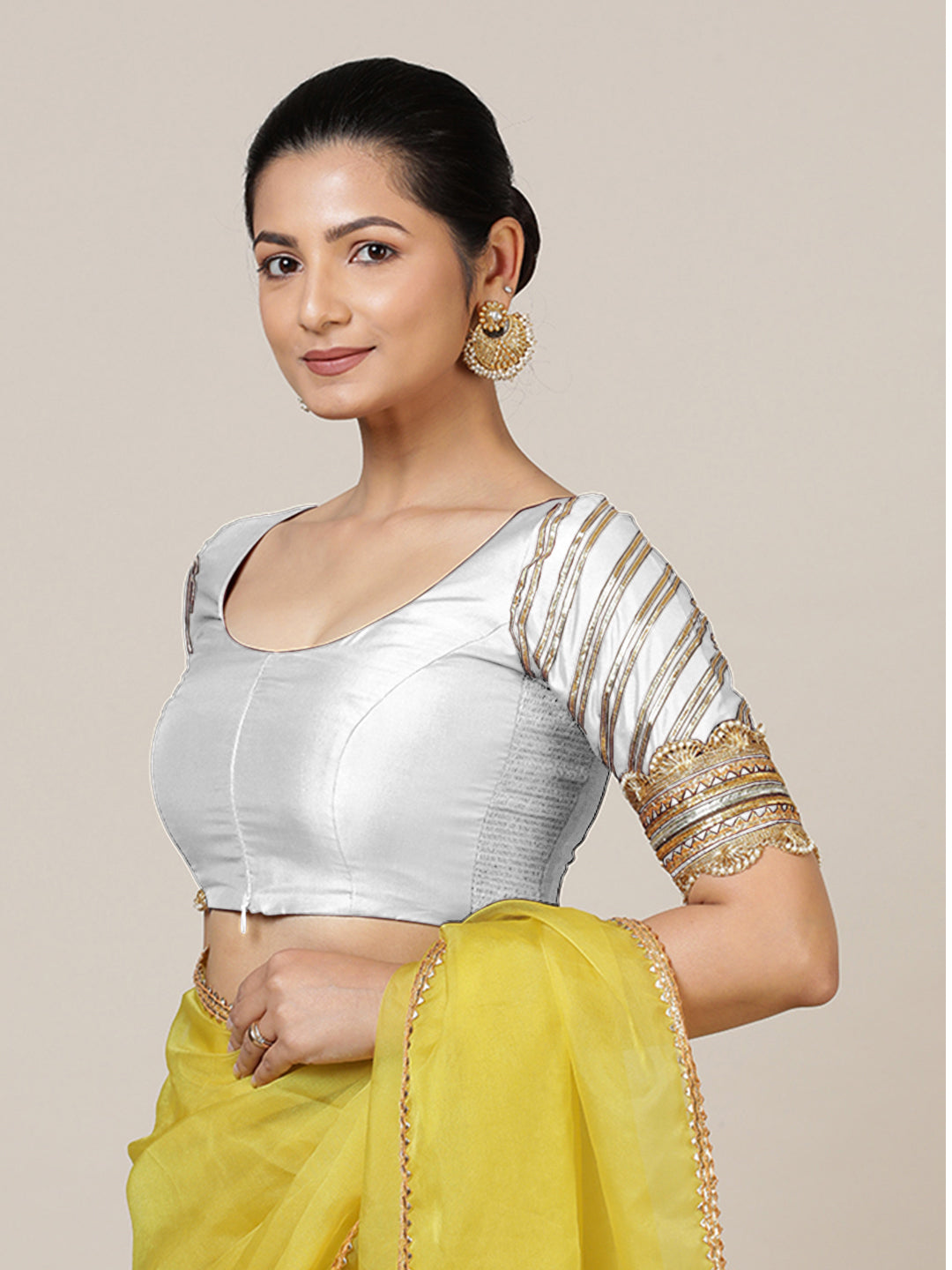 Anisha x Tyohaar Saree Blouse, in White Vegan Silk, featuring elbow sleeves and round neckline, made for party & festive.