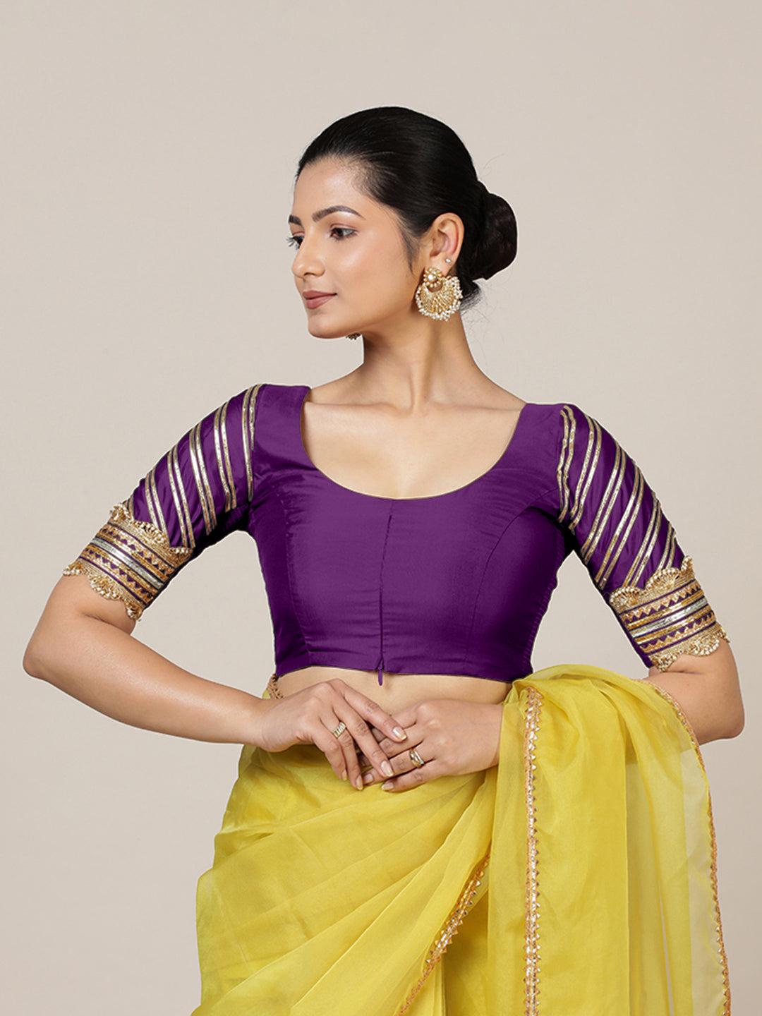 Anisha x Tyohaar Saree Blouse, in Purple Vegan Silk, featuring elbow sleeves and round neckline, made for party & festive.