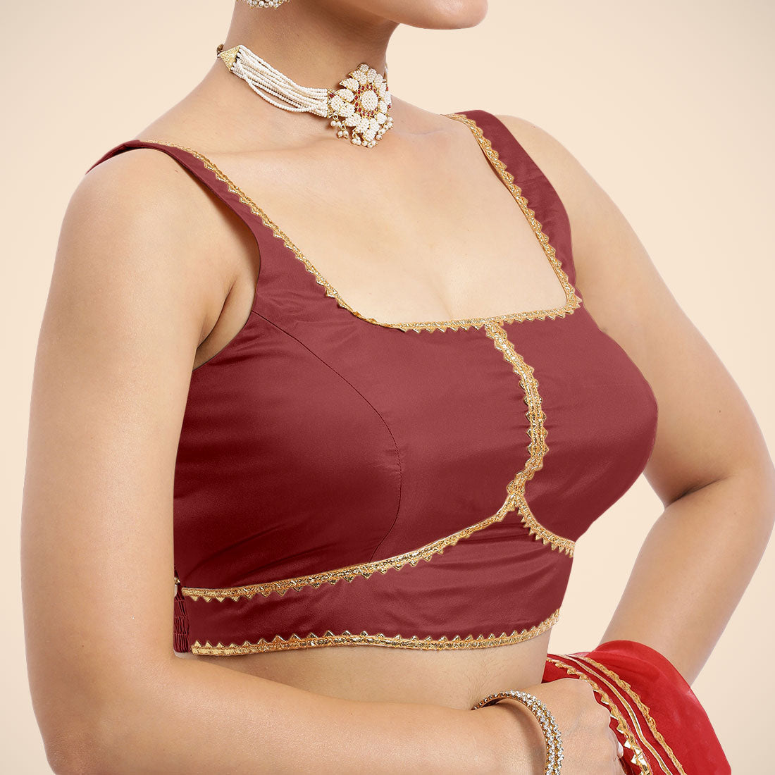 Arya x Tyohaar Saree Blouse, in Red Vegan Silk, featuring sleeveless and square neckline, made for party & festive (view 5).