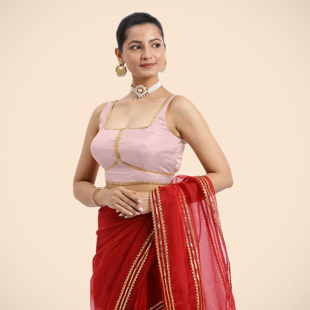 Arya x Tyohaar | Sleeveless Baby Pink FlexiFit™ Gota Embellished Saree Blouse with Square Neck
