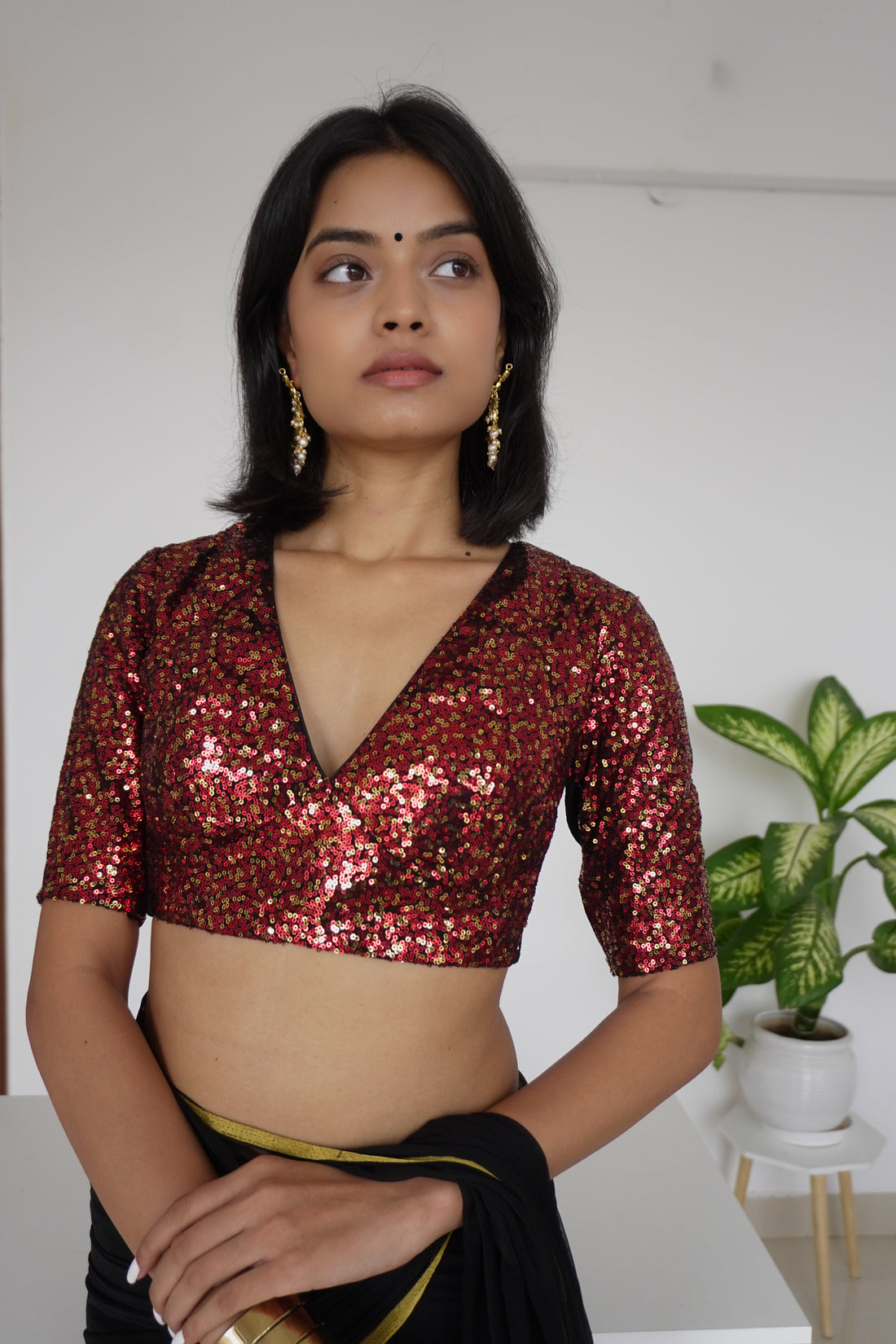 Arzoo x Tyohaar Saree Blouse, in Red Sequin, featuring elbow sleeves, made for party & festive (view 2).