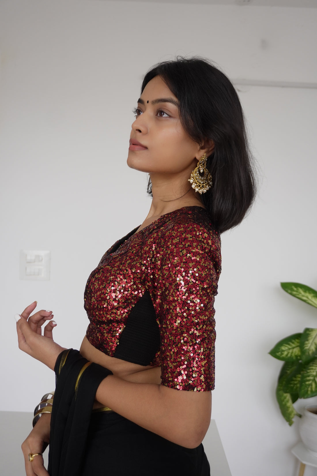 Arzoo x Tyohaar Saree Blouse, in Red Sequin, featuring elbow sleeves, made for party & festive (view 5).