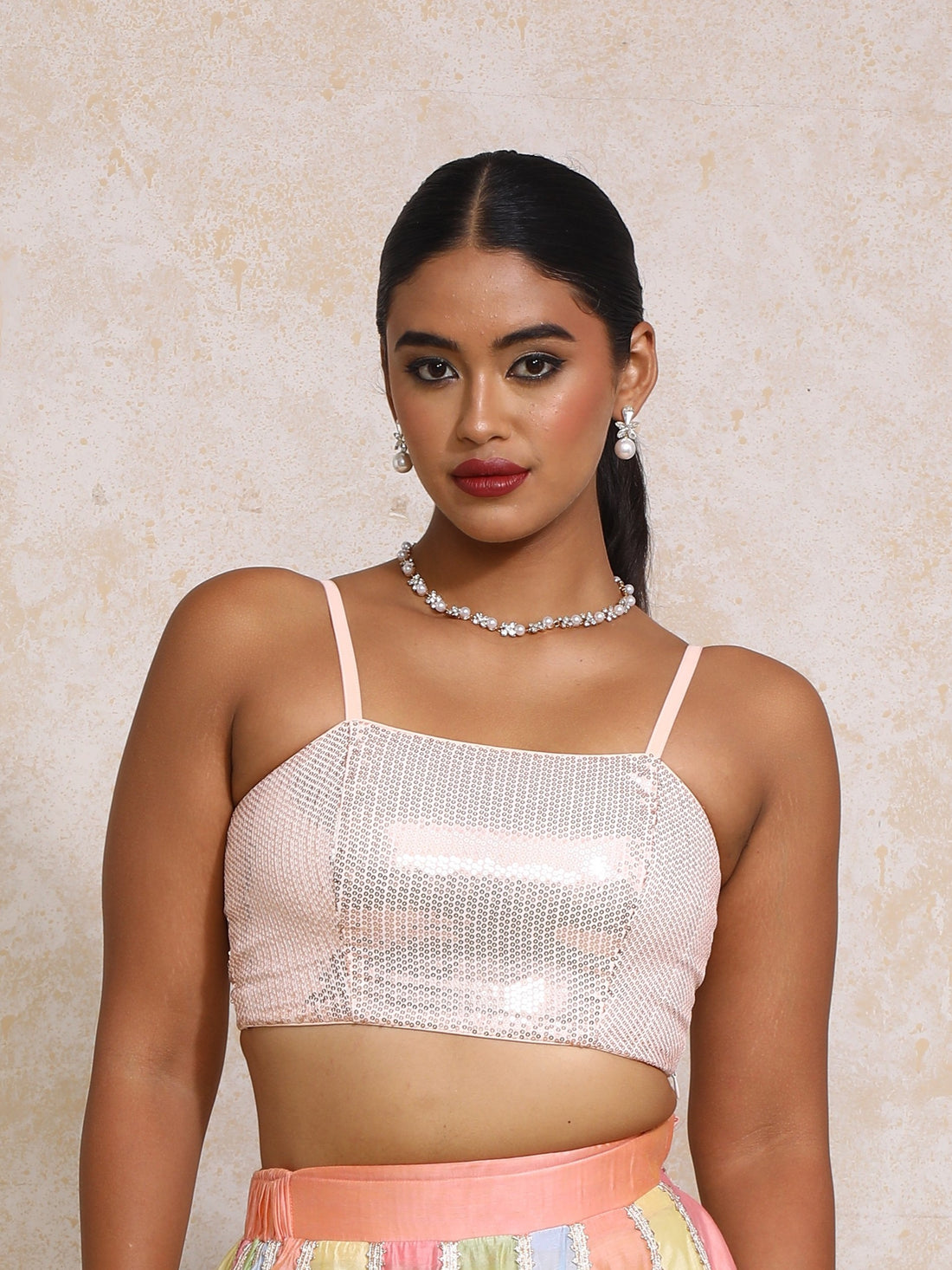 Aurika x Tyohaar Saree Blouse, in Peach Sequin Fabric, featuring sleeveless and shoulder straps neckline (view 5).