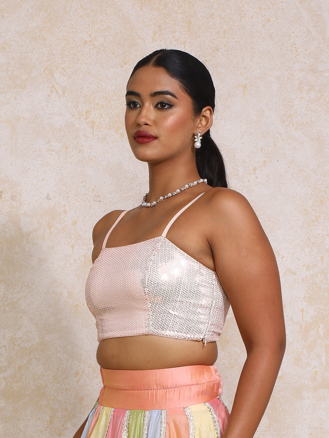 Aurika x Tyohaar Saree Blouse, in Peach Sequin Fabric, featuring sleeveless and shoulder straps neckline (view 7).