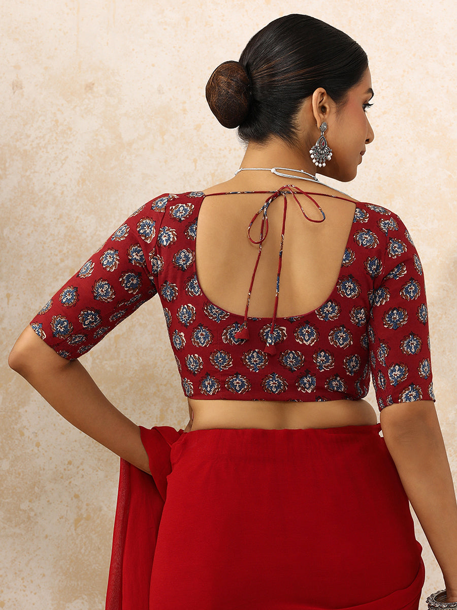 Avika x Rozaana Saree Blouse, in Red 100% Cotton - Block Printed, featuring elbow sleeves and round neckline (view 2).