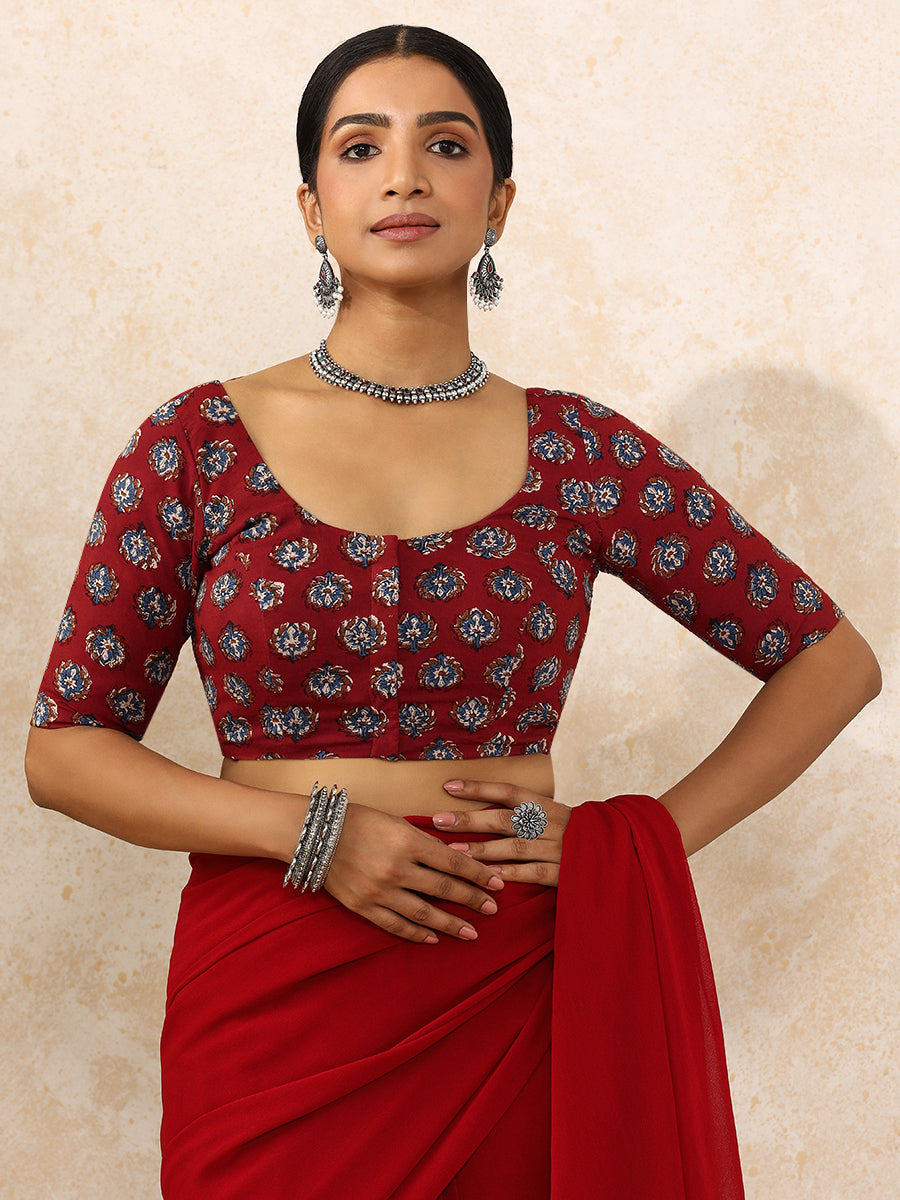 Avika x Rozaana Saree Blouse, in Red 100% Cotton - Block Printed, featuring elbow sleeves and round neckline (view 6).