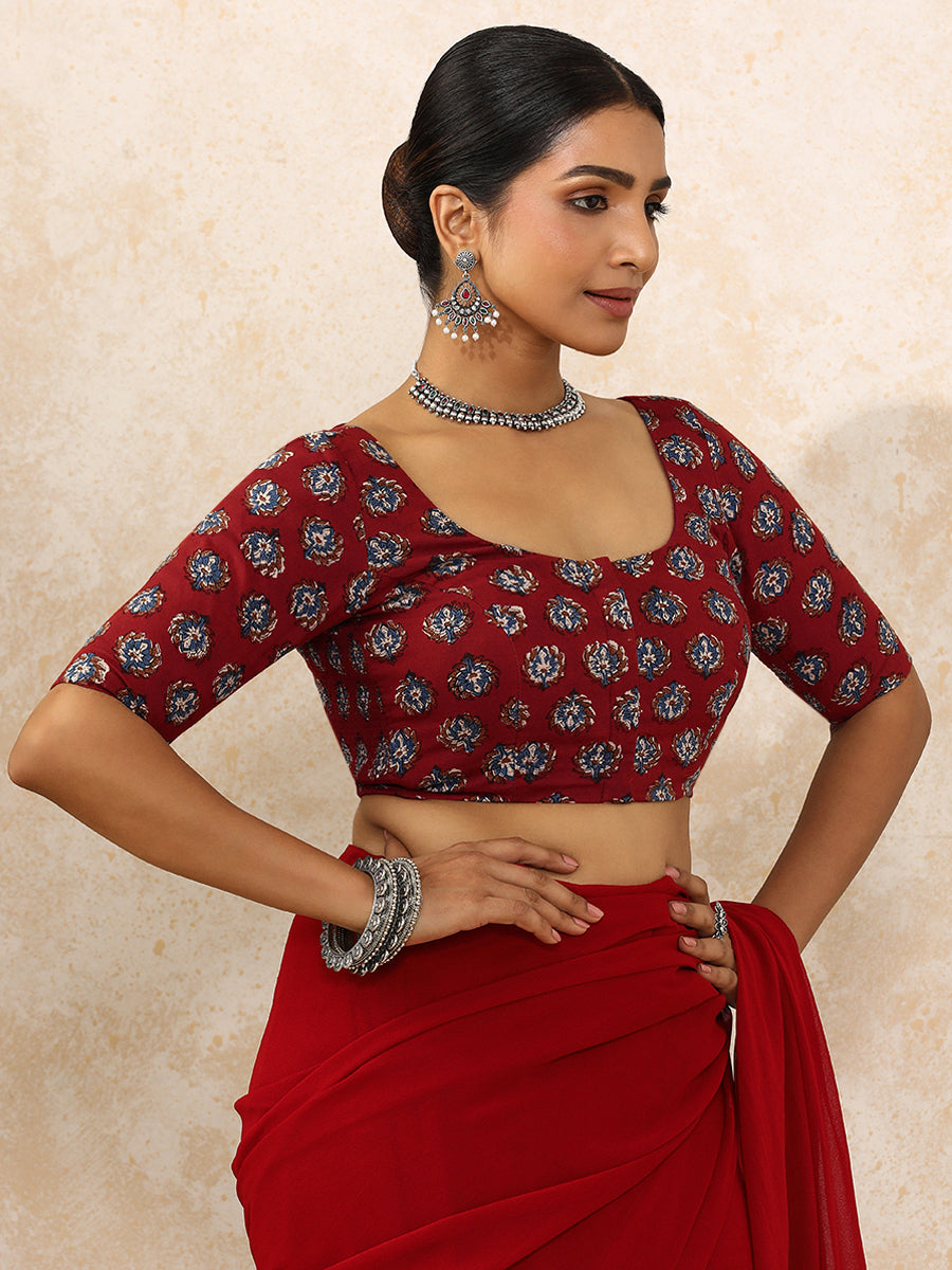 Avika x Rozaana Saree Blouse, in Red 100% Cotton - Block Printed, featuring elbow sleeves and round neckline (view 7).