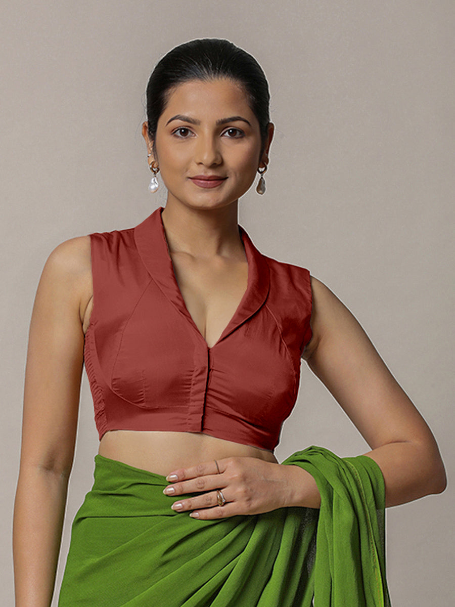 Avni x Rozaana Saree Blouse, in Red Vegan Silk, featuring sleeveless and shawl neckline, made for party & festive (view 4).