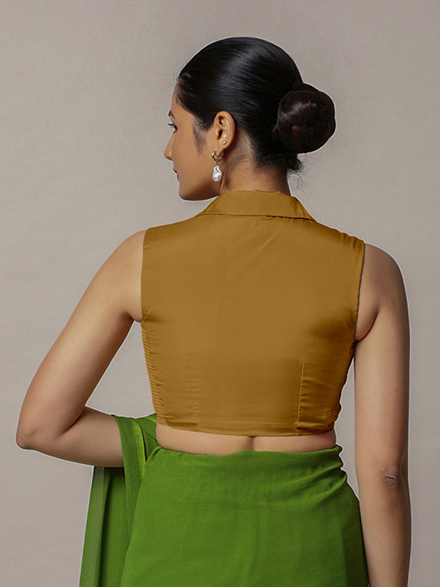 Avni x Rozaana Saree Blouse, in Gold Vegan Silk, featuring sleeveless and shawl neckline, made for party & festive (view 3).