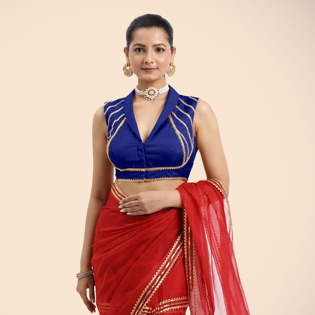 Avni x Tyohaar Saree Blouse, in Blue Vegan Silk, featuring sleeveless and shawl neckline, made for party & festive.
