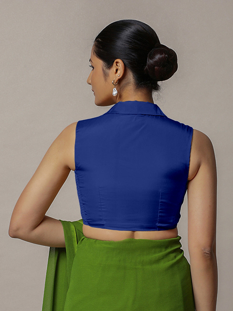 Avni x Rozaana Saree Blouse, in Blue Vegan Silk, featuring sleeveless and shawl neckline, made for party & festive (view 3).