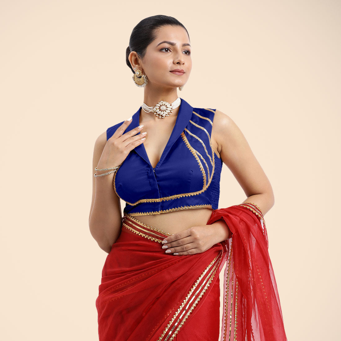 Avni x Tyohaar Saree Blouse, in Blue Vegan Silk, featuring sleeveless and shawl neckline, made for party & festive (view 5).