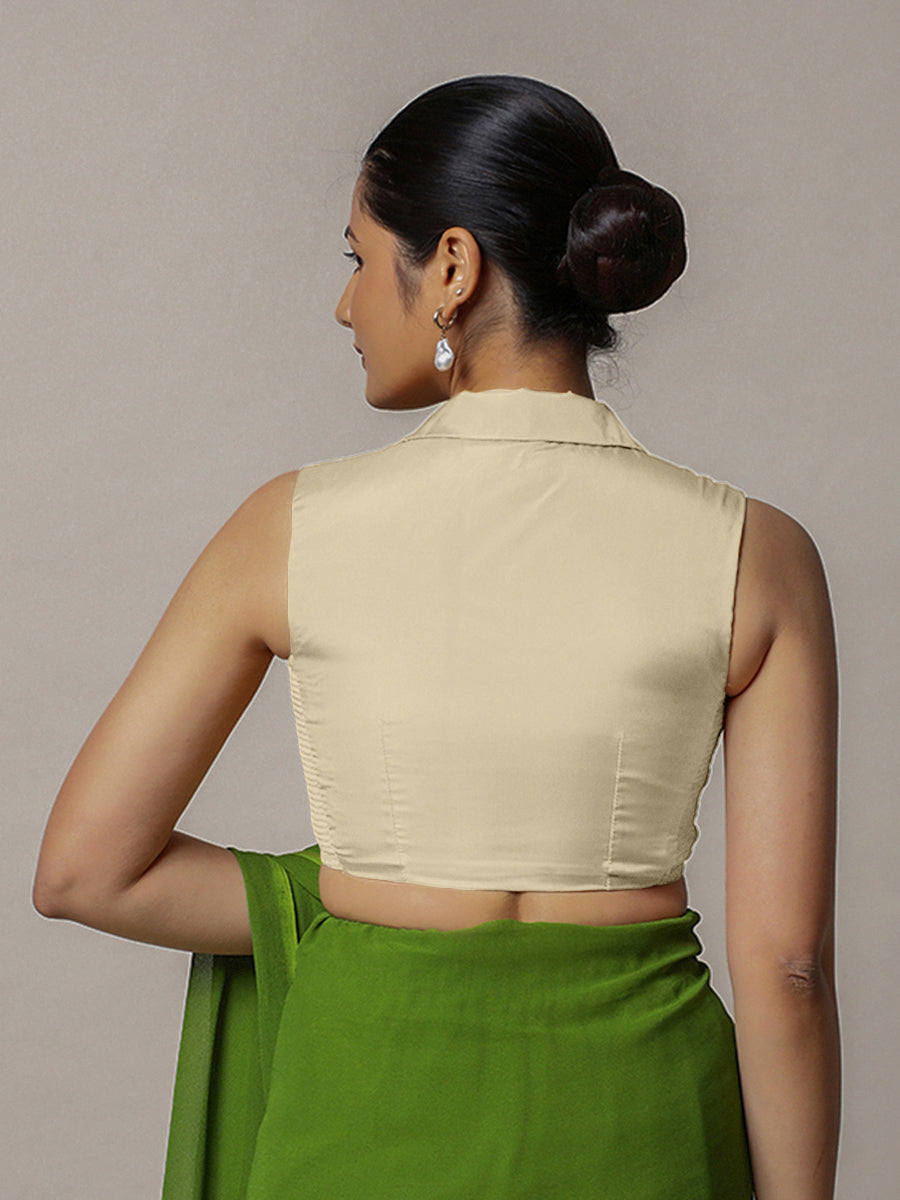 Avni x Rozaana Saree Blouse, in Cream Vegan Silk, featuring sleeveless and shawl neckline, made for party & festive (view 3).