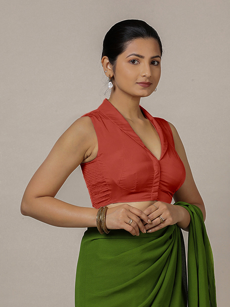 Avni x Rozaana Saree Blouse, in Red Vegan Silk, featuring sleeveless and shawl neckline, made for party & festive (view 7).
