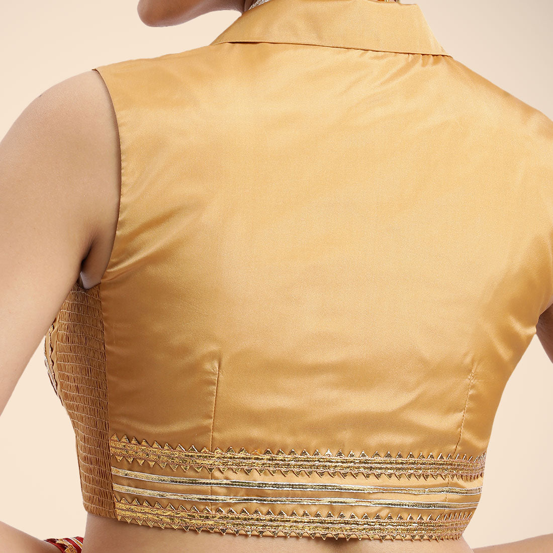 Avni x Tyohaar Saree Blouse, in Gold Vegan Silk, featuring sleeveless and shawl neckline, made for party & festive (view 3).