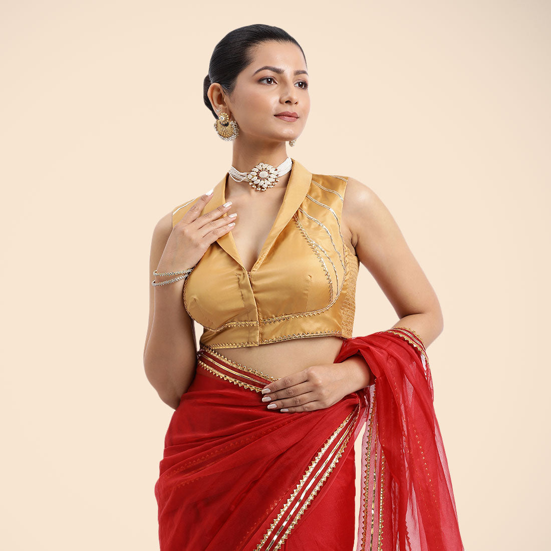 Avni x Tyohaar Saree Blouse, in Gold Vegan Silk, featuring sleeveless and shawl neckline, made for party & festive (view 5).