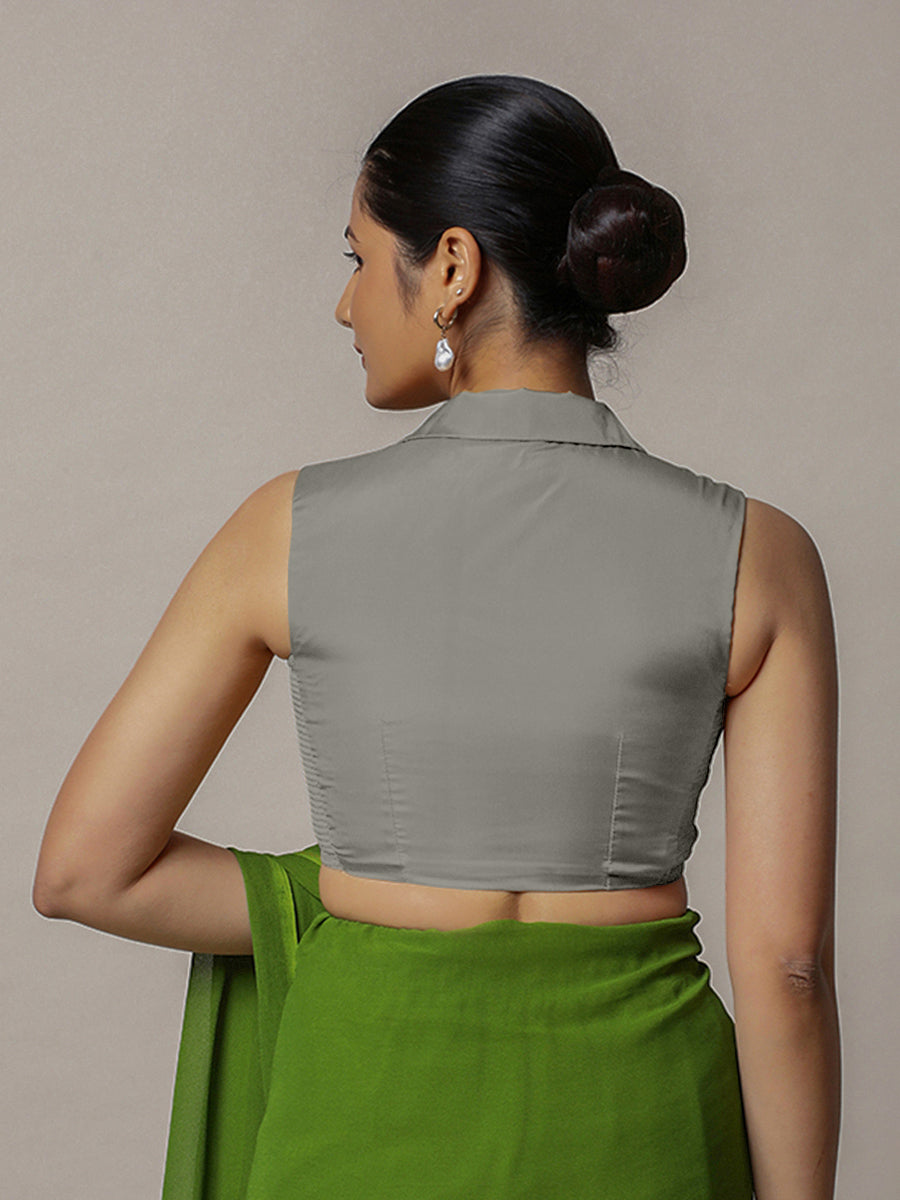 Avni x Rozaana Saree Blouse, in Grey Vegan Silk, featuring sleeveless and shawl neckline, made for party & festive (view 2).
