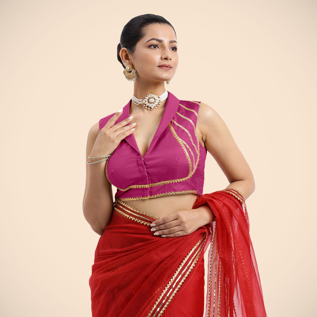 Avni x Tyohaar Saree Blouse, in Pink Artificial Silk, featuring sleeveless and shawl neckline, made for party & festive.