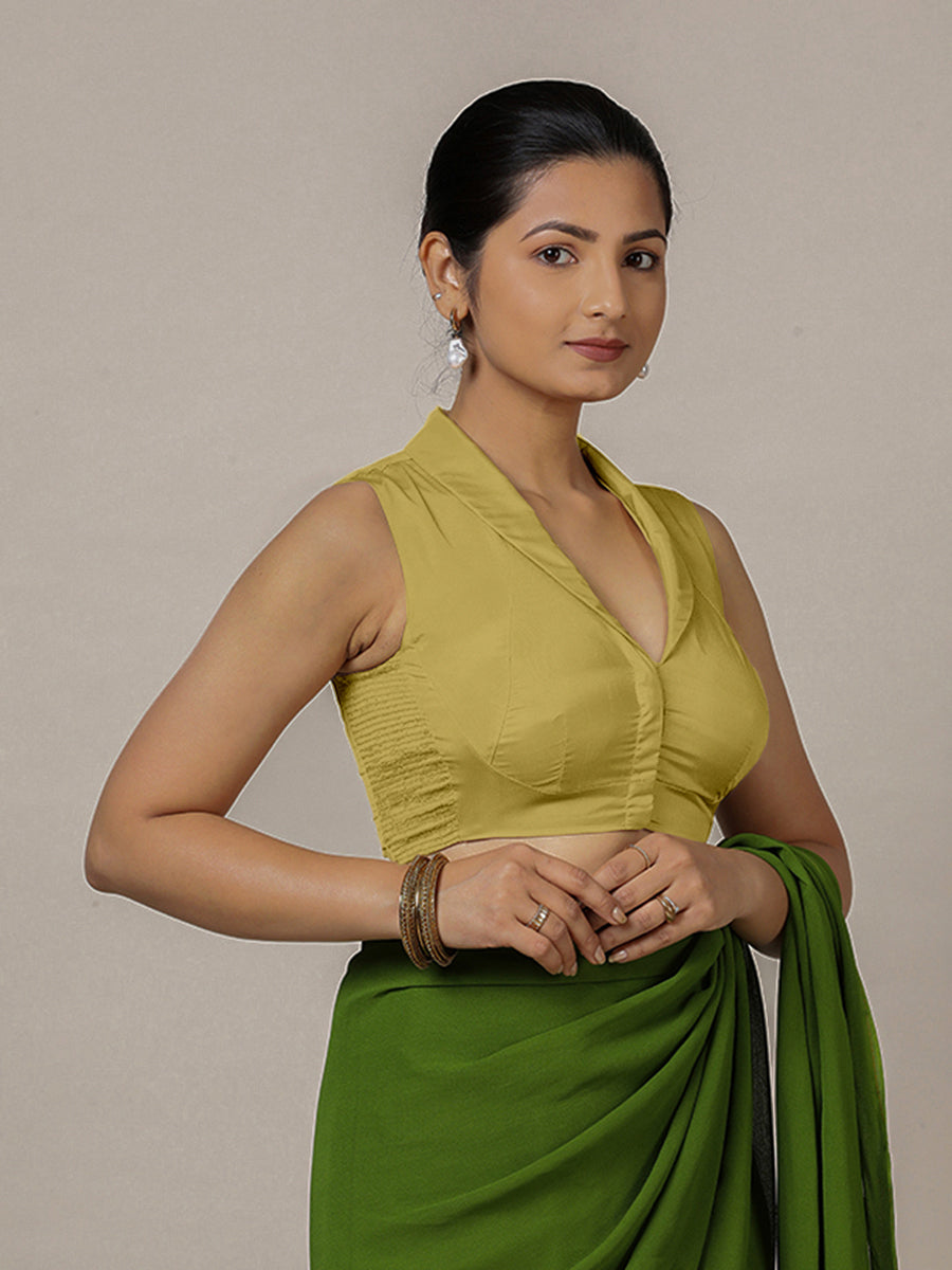 Avni x Rozaana Saree Blouse, in Yellow Vegan Silk, featuring sleeveless and shawl neckline, made for party & festive (view 5).