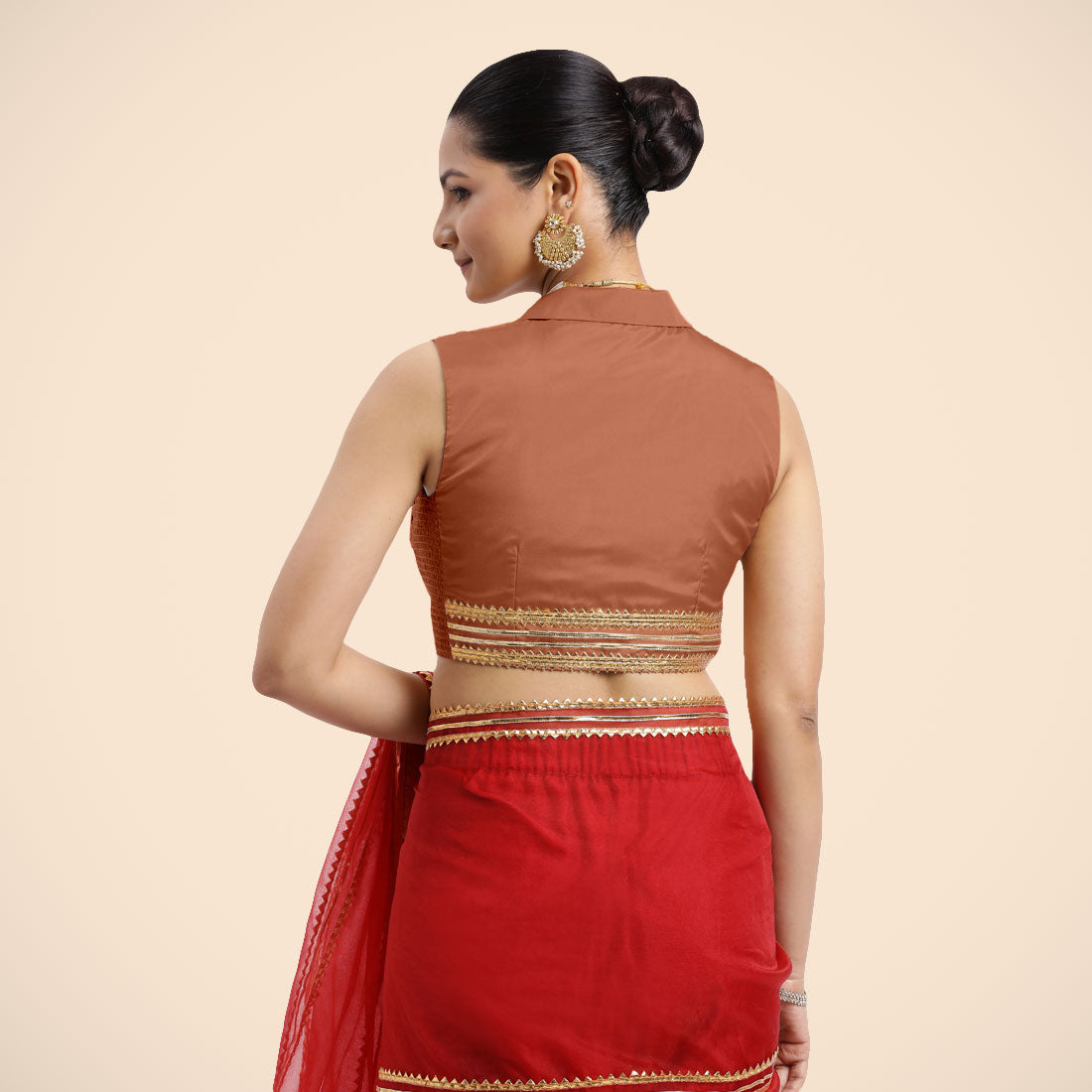 Avni x Tyohaar Saree Blouse, in Copper Vegan Silk, featuring sleeveless and shawl neckline, made for party & festive (view 2).
