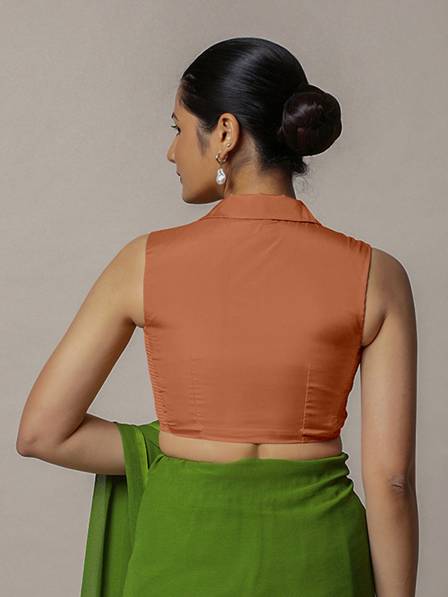 Avni x Rozaana Saree Blouse, in Copper Vegan Silk, featuring sleeveless and shawl neckline, made for party & festive (view 3).