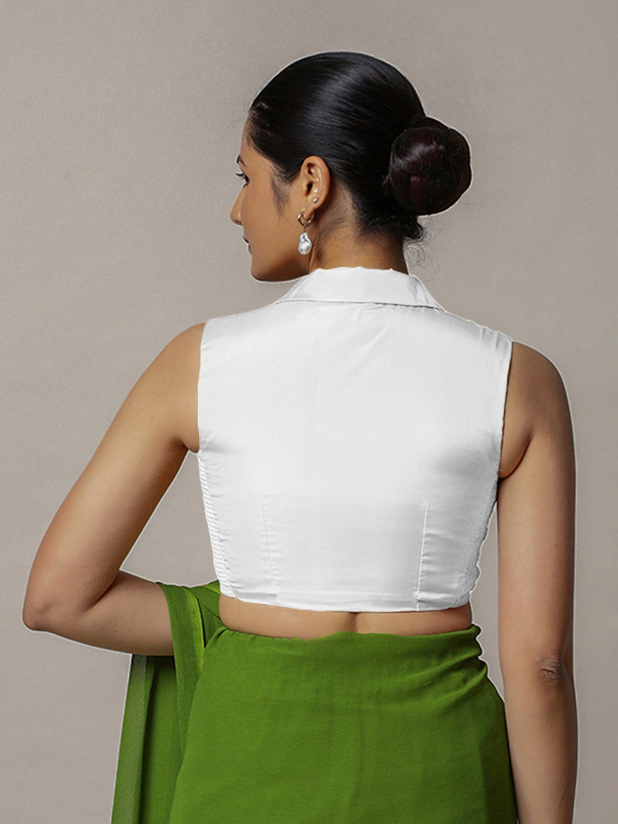 Avni x Rozaana Saree Blouse, in White Vegan Silk, featuring sleeveless and shawl neckline, made for party & festive (view 2).