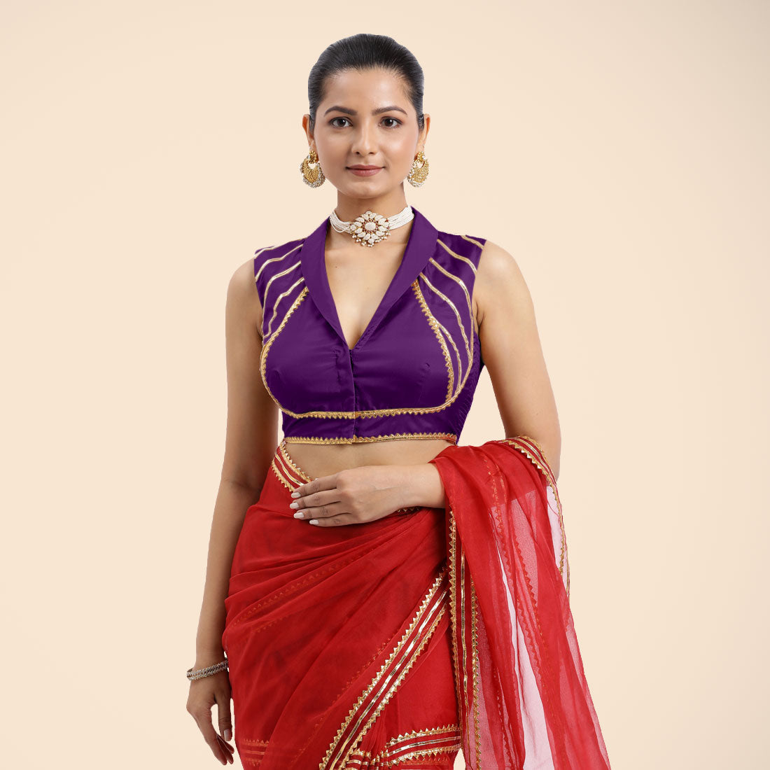 Avni x Tyohaar Saree Blouse, in Purple Vegan Silk, featuring sleeveless and shawl neckline, made for party & festive (view 5).