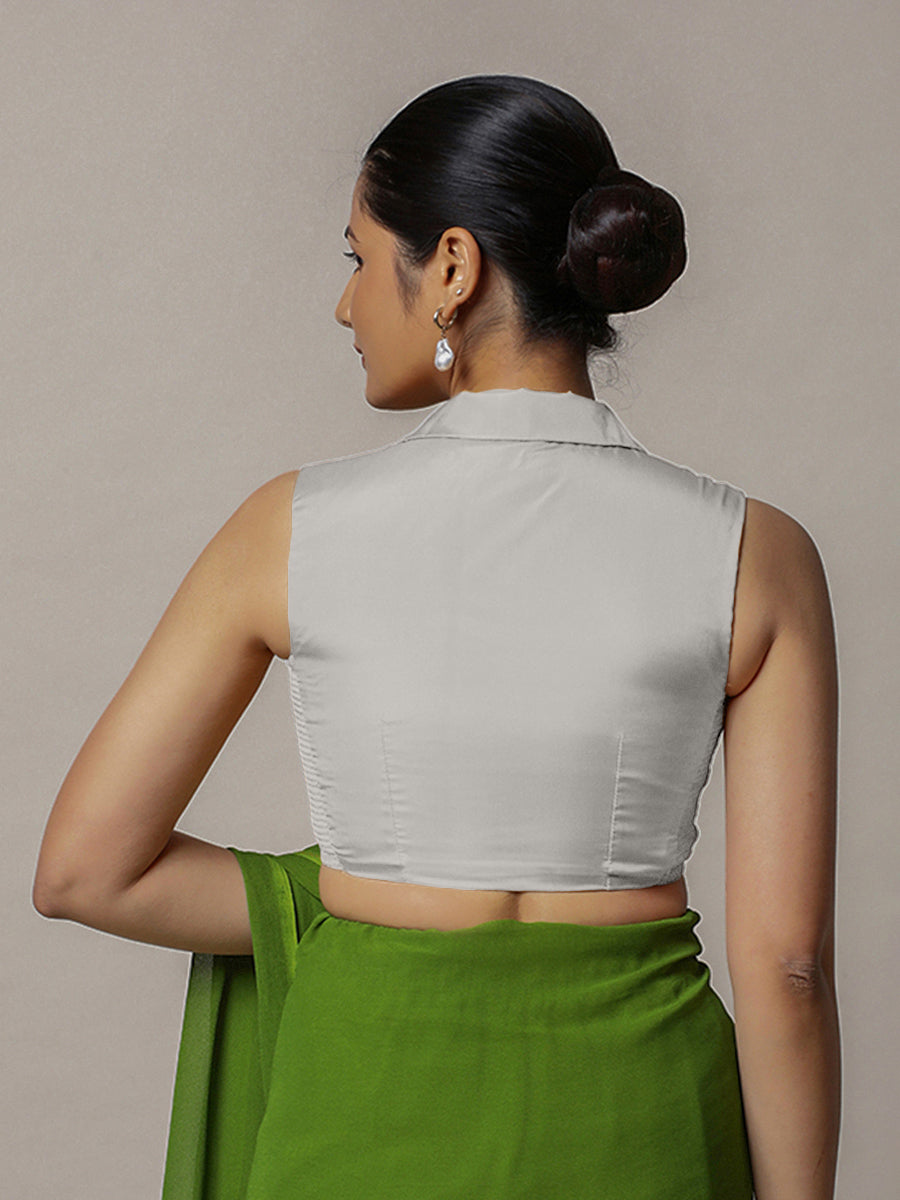 Avni x Rozaana Saree Blouse, in Silver Vegan Silk, featuring sleeveless and shawl neckline, made for party & festive (view 3).