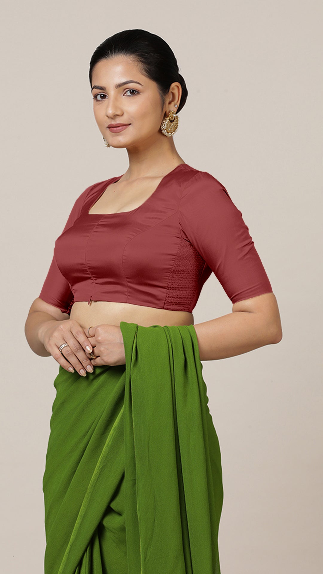 Aziza x Rozaana Saree Blouse, in Red Vegan Silk, featuring elbow sleeves and square neckline, made for daily & work (view 6).