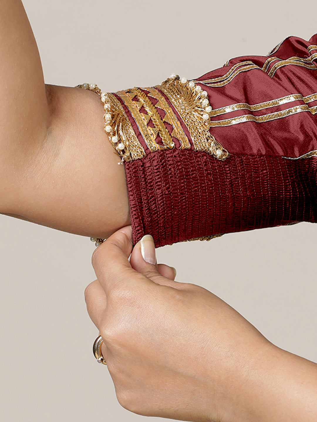 Aziza x Tyohaar Saree Blouse, in Red Vegan Silk, featuring elbow sleeves and square neckline, made for party & festive (view 7).