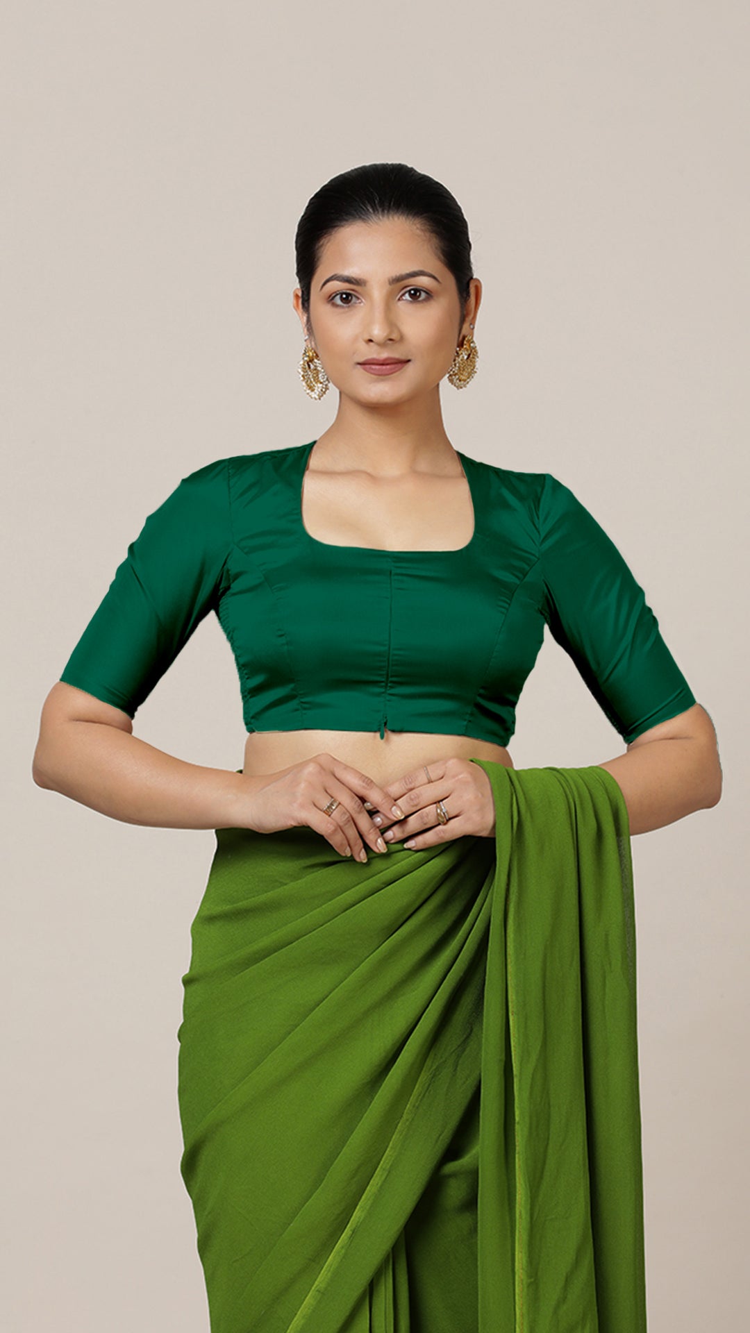 Aziza x Rozaana Saree Blouse, in Green Vegan Silk, featuring elbow sleeves and square neckline, made for daily & work.