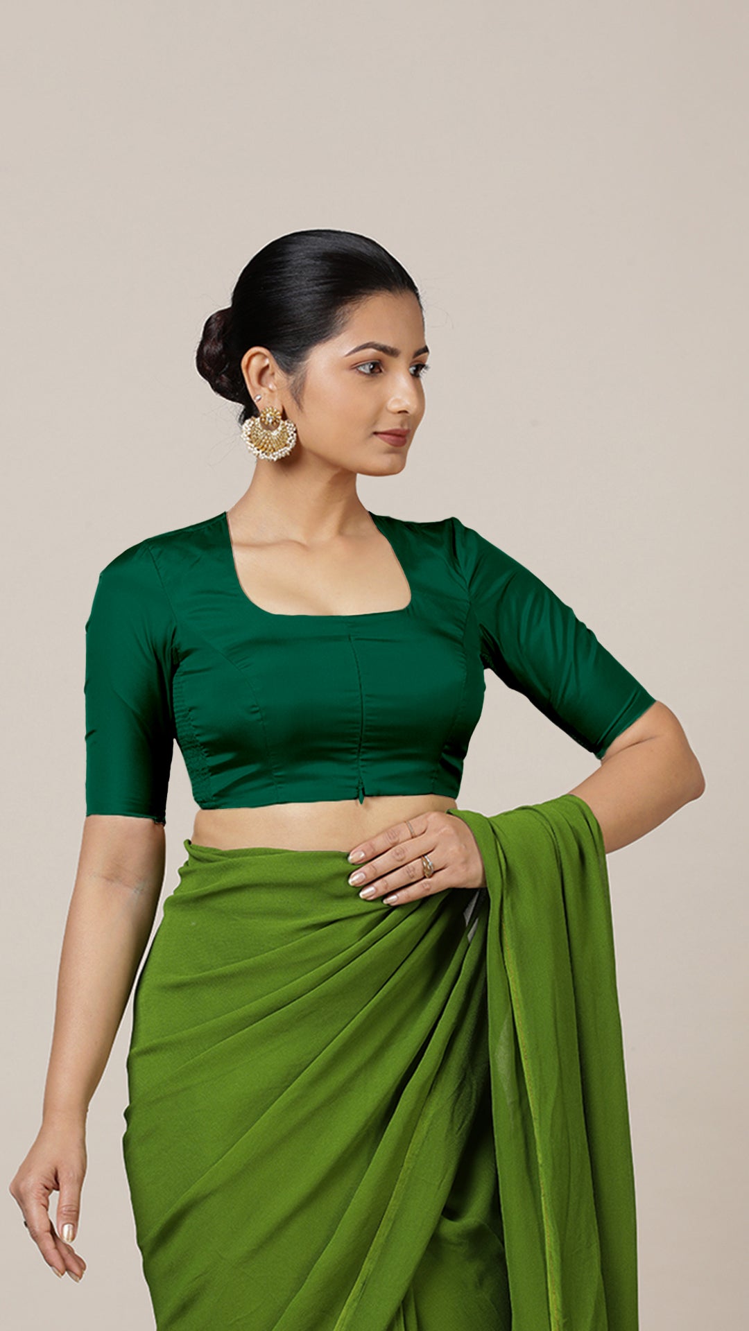 Aziza x Rozaana Saree Blouse, in Green Vegan Silk, featuring elbow sleeves and square neckline, made for daily & work (view 7).