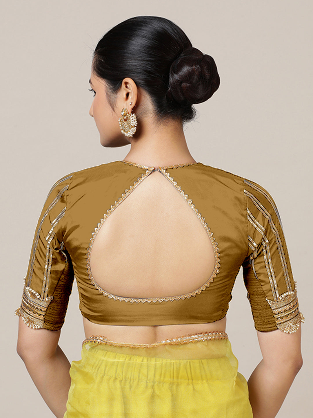 Aziza x Tyohaar Saree Blouse, in Gold Vegan Silk, featuring elbow sleeves and square neckline, made for party & festive.