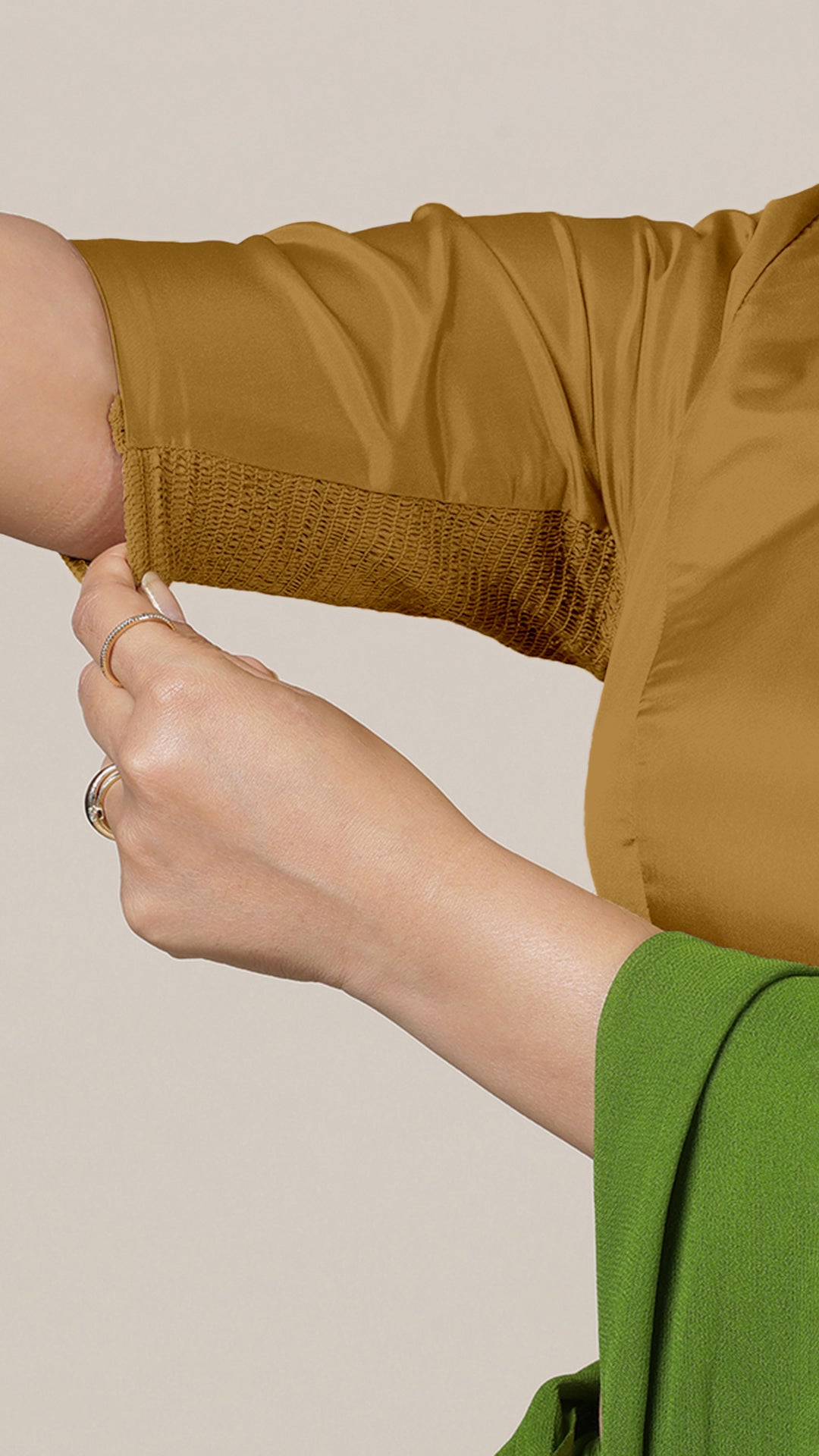 Aziza x Rozaana Saree Blouse, in Gold Vegan Silk, featuring elbow sleeves and square neckline, made for daily & work (view 3).