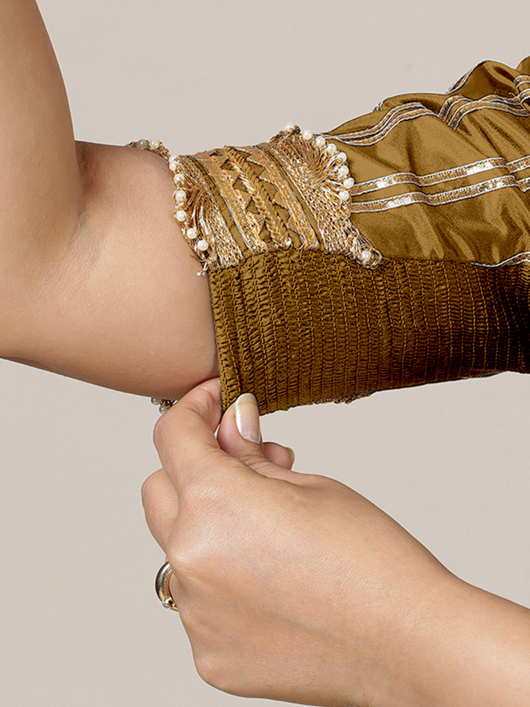 Aziza x Tyohaar Saree Blouse, in Gold Vegan Silk, featuring elbow sleeves and square neckline, made for party & festive.