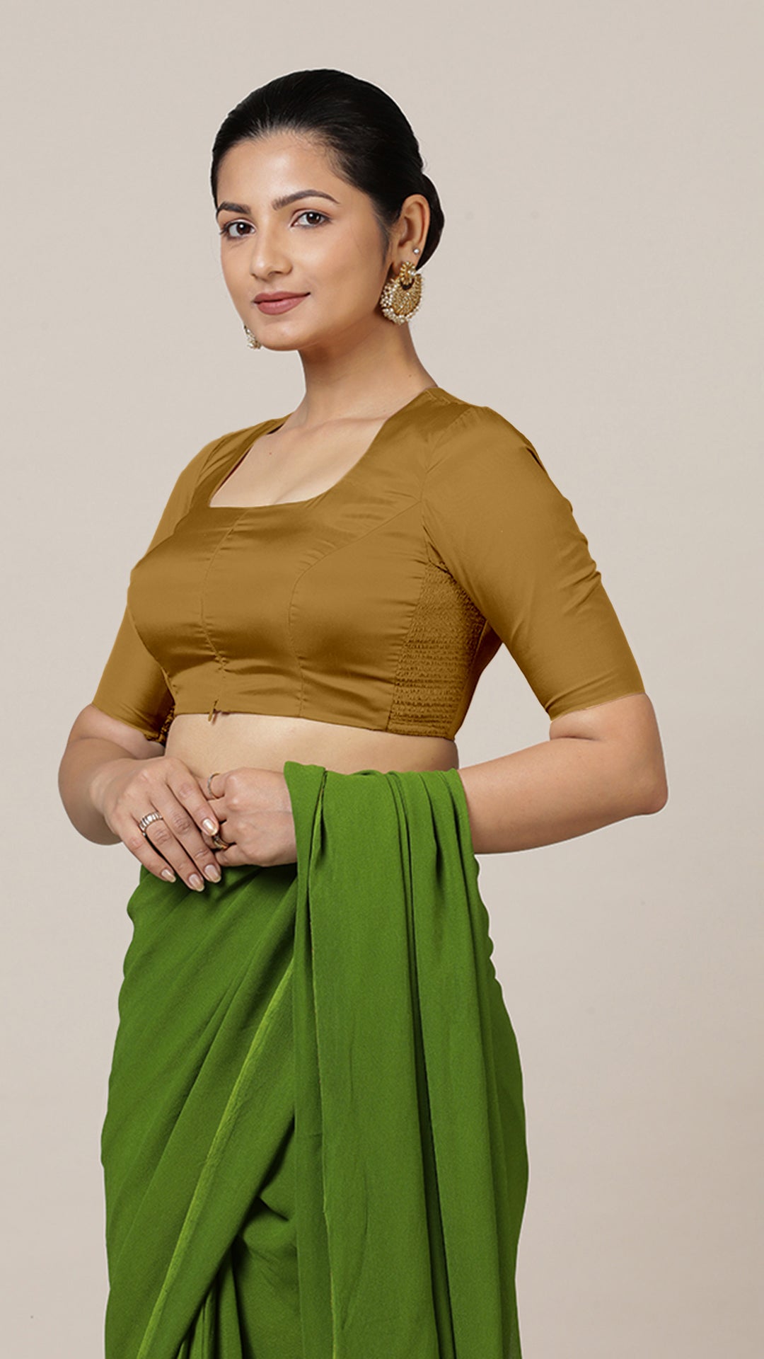 Aziza x Rozaana Saree Blouse, in Gold Vegan Silk, featuring elbow sleeves and square neckline, made for daily & work (view 6).
