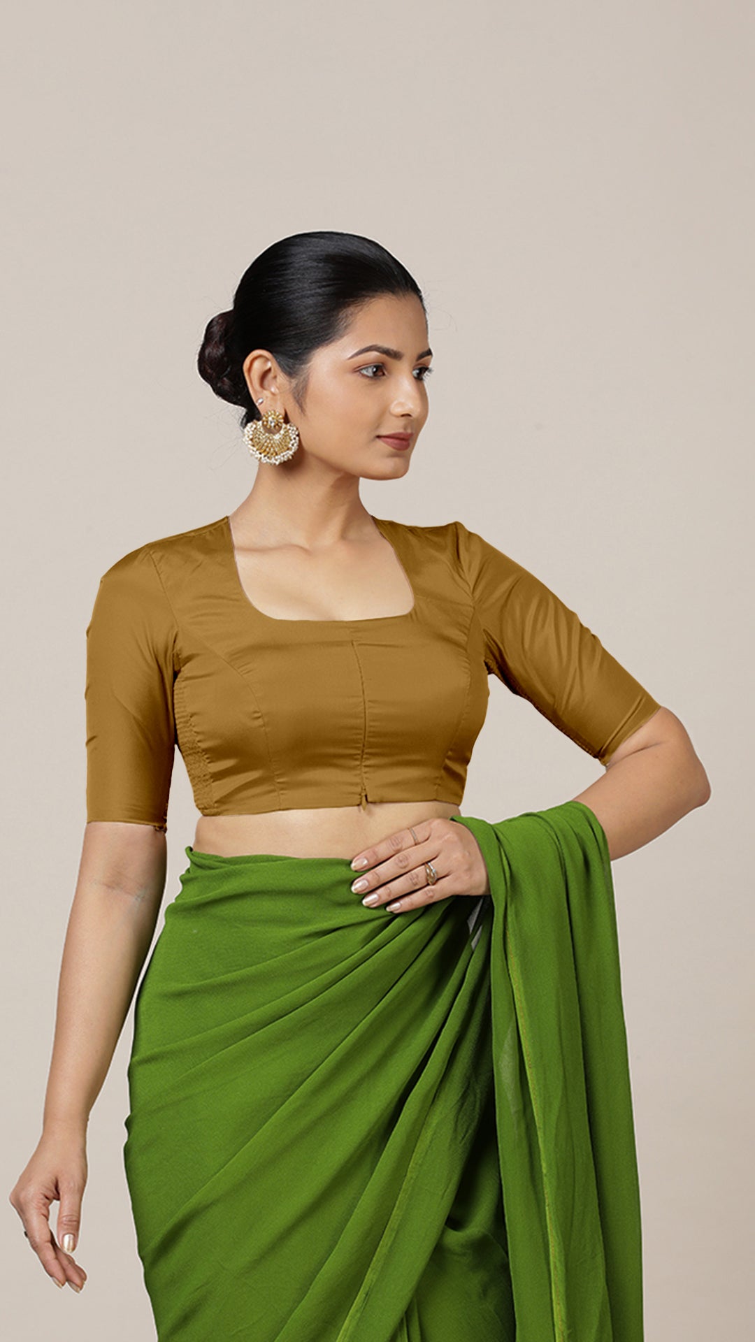 Aziza x Rozaana Saree Blouse, in Gold Vegan Silk, featuring elbow sleeves and square neckline, made for daily & work (view 7).