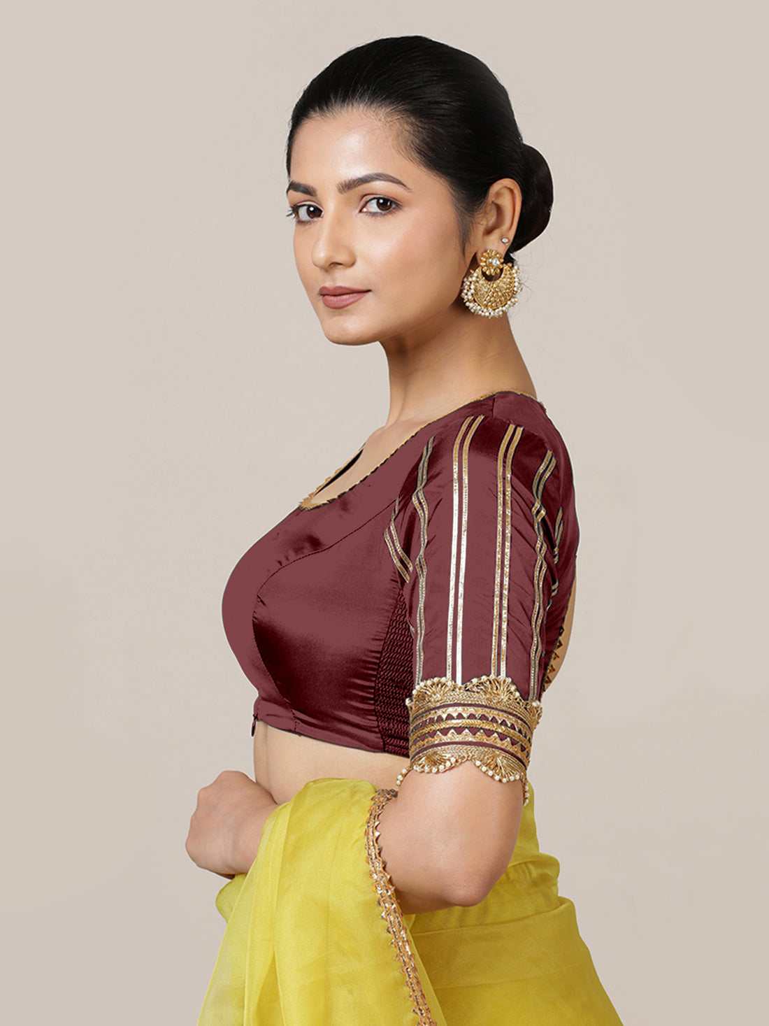 Aziza x Tyohaar Saree Blouse, in Maroon Vegan Silk, featuring elbow sleeves and square neckline, made for party & festive.
