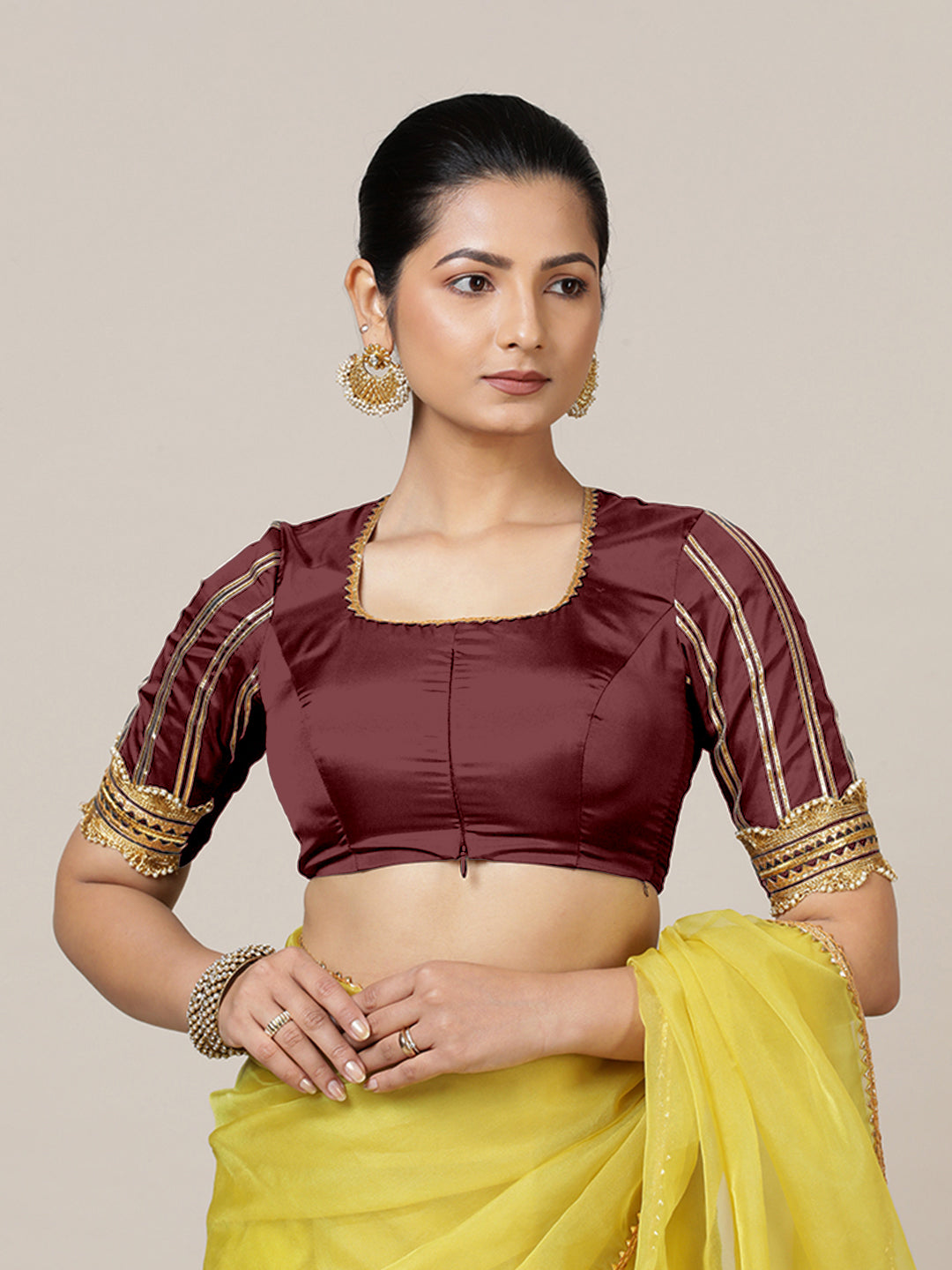 Aziza x Tyohaar Saree Blouse, in Maroon Vegan Silk, featuring elbow sleeves and square neckline, made for party & festive.