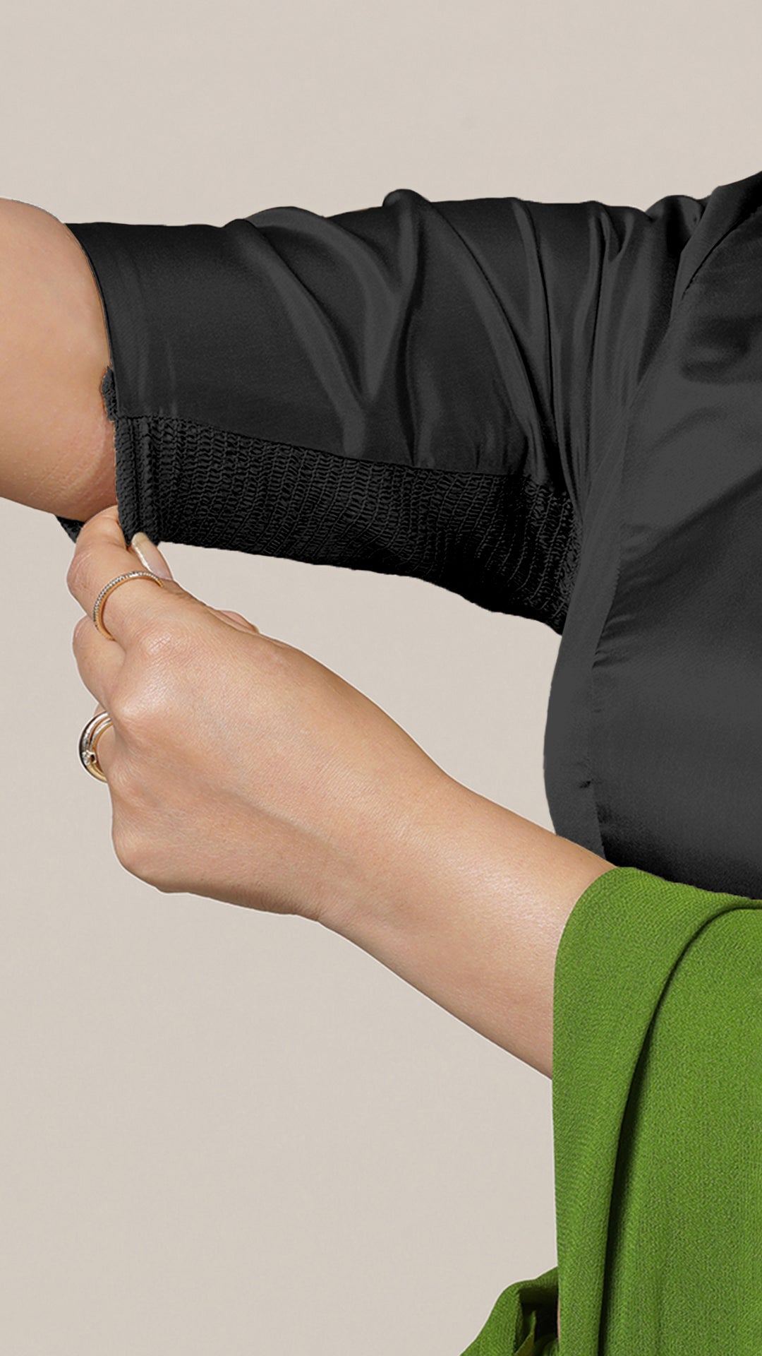 Aziza x Rozaana Saree Blouse, in Black Vegan Silk, featuring elbow sleeves and square neckline, made for daily & work (view 3).