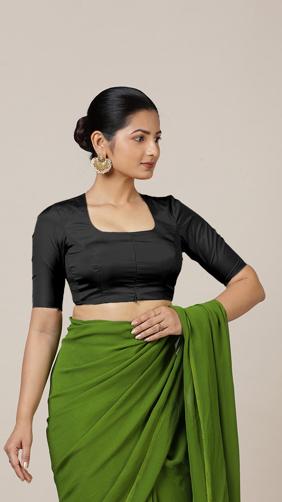 Aziza x Rozaana Saree Blouse, in Black Vegan Silk, featuring elbow sleeves and square neckline, made for daily & work (view 6).