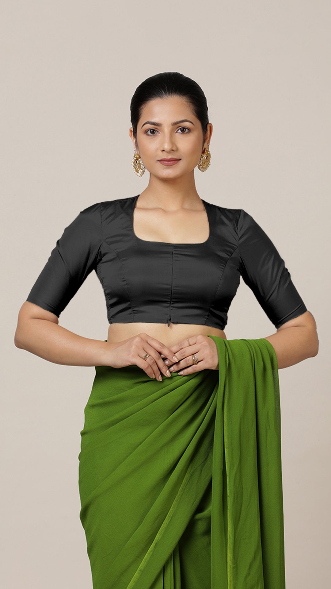 Aziza x Rozaana Saree Blouse, in Black Vegan Silk, featuring elbow sleeves and square neckline, made for daily & work (view 7).