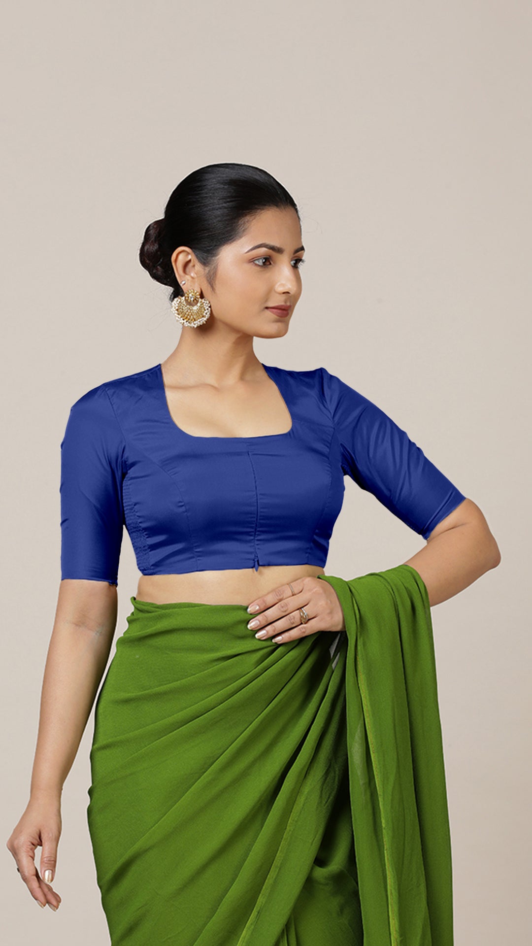 Aziza x Rozaana Saree Blouse, in Blue Vegan Silk, featuring elbow sleeves and square neckline, made for daily & work.