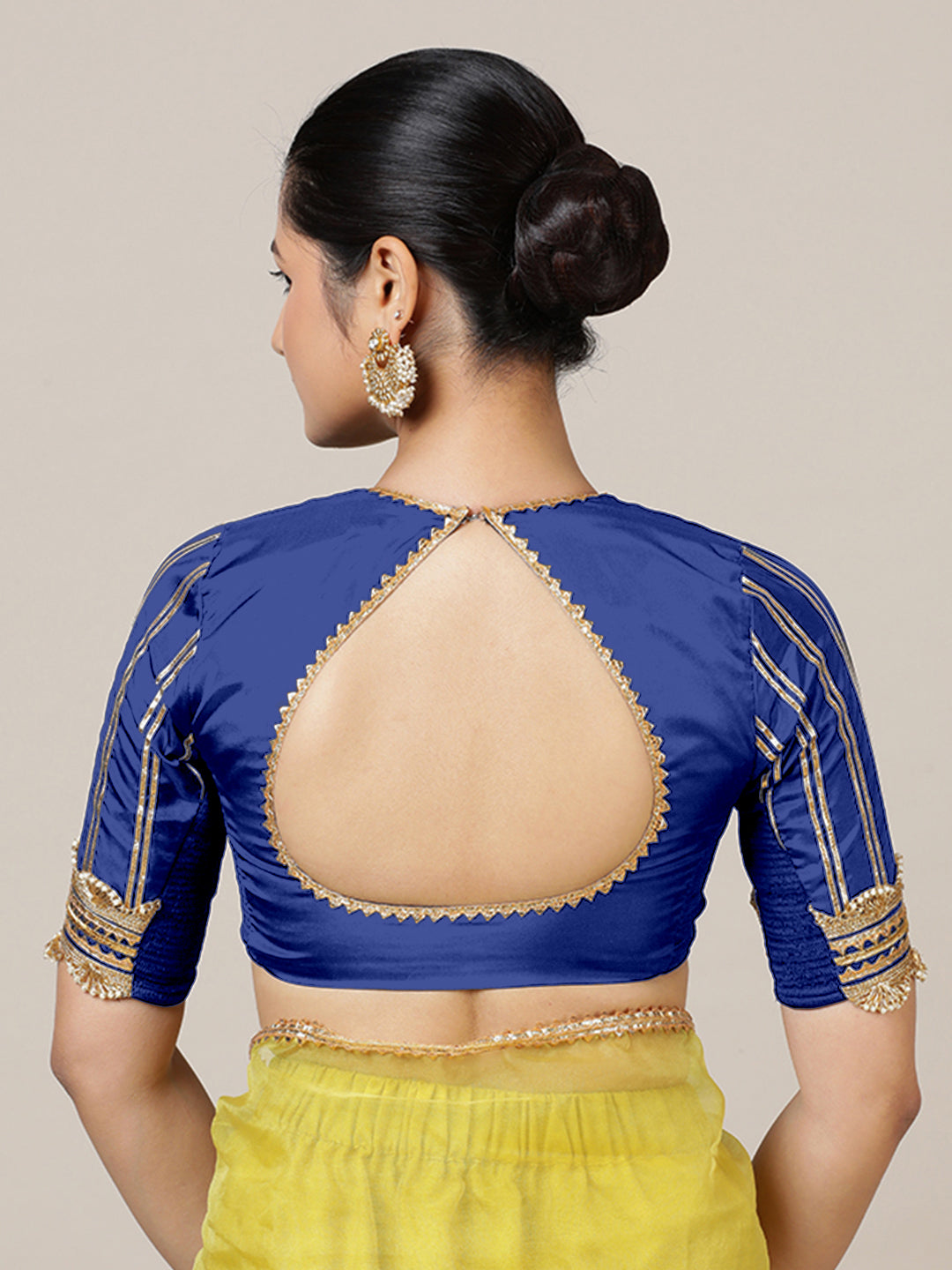 Aziza x Tyohaar Saree Blouse, in Blue Vegan Silk, featuring elbow sleeves and square neckline, made for party & festive.